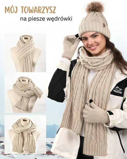 Zimowy elegancki zestaw czapka-szal-rękawiczki