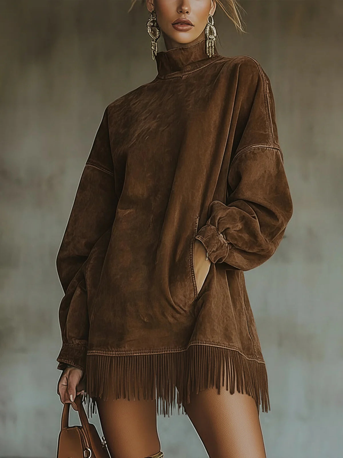 Dorota | Sukienka z miękkiego faux suede z golfem i frędzlami