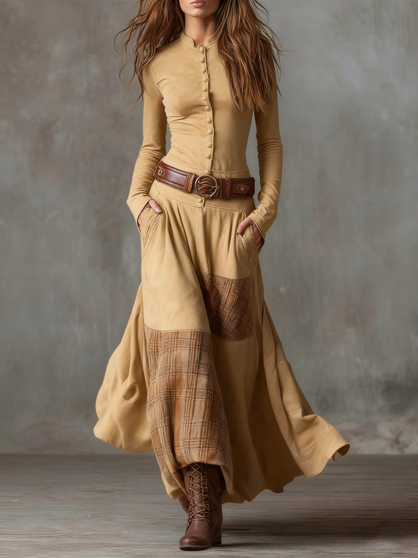 Paulina | Granatowa zamszowa sukienka maxi z paskiem