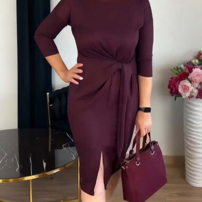 Alina | Elegancka Sukienka z Wiązaniem i Delikatnym Rozcięciem