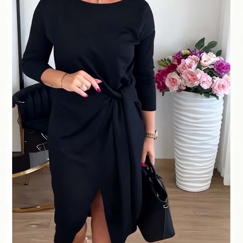 Alina | Elegancka Sukienka z Wiązaniem i Delikatnym Rozcięciem