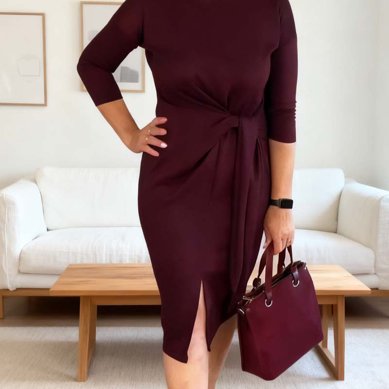 Alina | Elegancka Sukienka z Wiązaniem i Delikatnym Rozcięciem