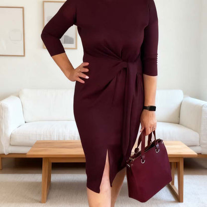 Alina | Elegancka Sukienka z Wiązaniem i Delikatnym Rozcięciem